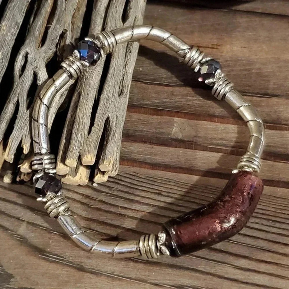 Handcrafted Edgy Silver Purple Lavender Foil Glass Metal and Crystal Stretch Bra - Picture 4 of 6